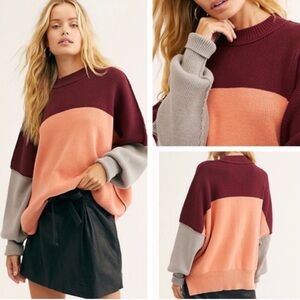 Womens Free People color block Burgundy, Peach, and Gray Crew Neck Sweater sz S